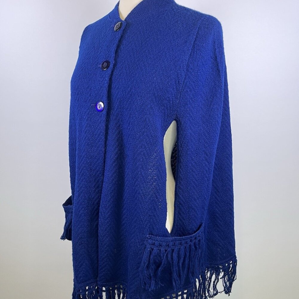 Vintage 70s Blue Button Boho Knit Cape Shawl Sweater Poncho Fringe S/M Folk